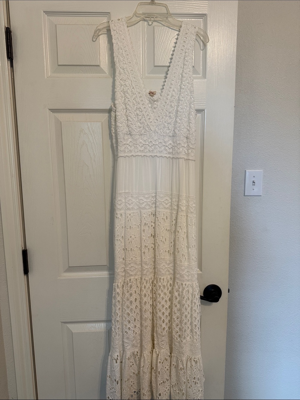 Reba White Crochet Maxi Dress with V-Neck